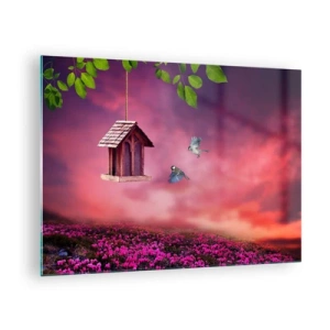 Schilderen op glas - Een voederhuisje tegen een roze lucht - 70x50cm - Uitnodiging voor het avondeten - Moderne wanddecoratie voor woonkamer en slaapkamer ARTTOR