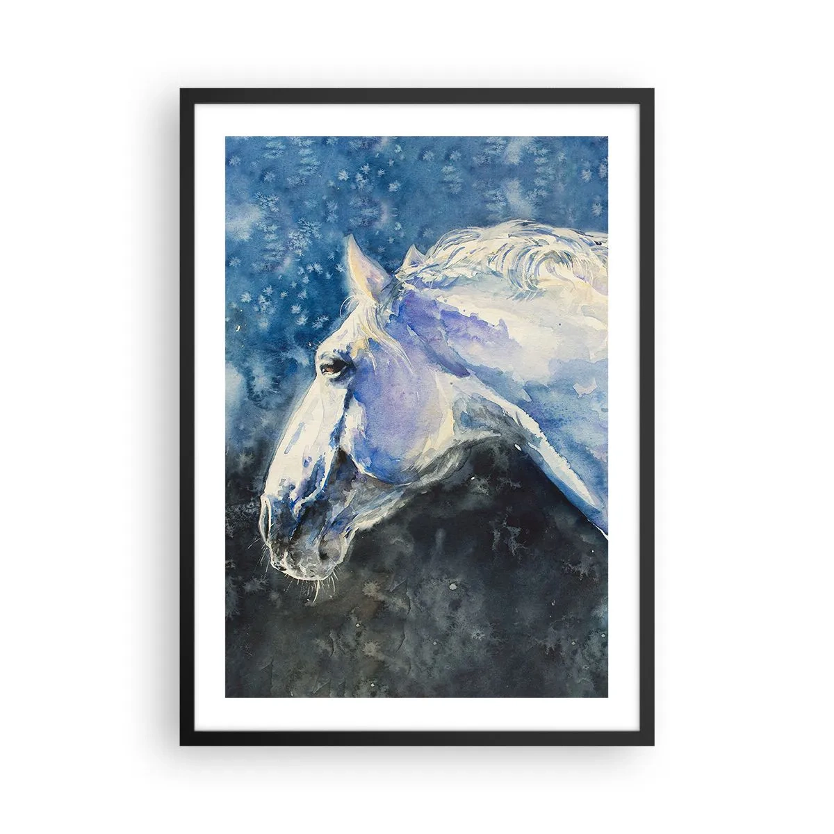 Poster in een zwarte lijst - Portret van een paard in blauwe aquareltinten - 50x70cm - Portret in een blauwe gloed - Moderne wanddecoratie voor woonkamer en slaapkamer ARTTOR