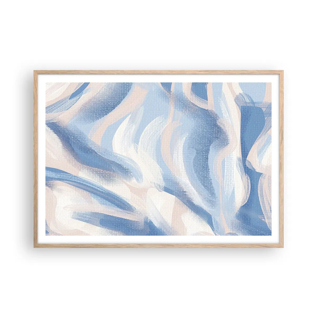 Een poster in een licht eiken lijst - Blauwe golven - 100x70 cm