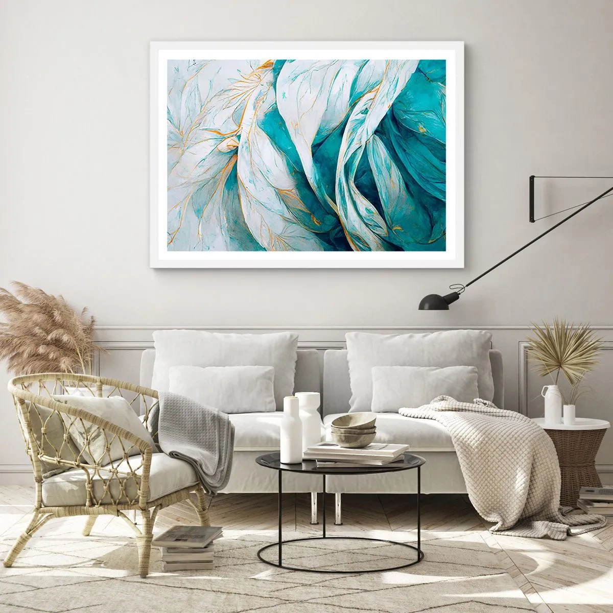 Poster in een witte lijst - Blauwe abstractie met een gouden motief - 50x40 cm