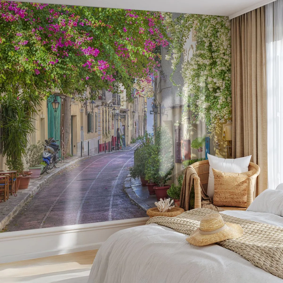 Fotobehang Premium Canvas - Bloeiende steeg - Architectuur, Griekenland, Stad - 250x175 cm
