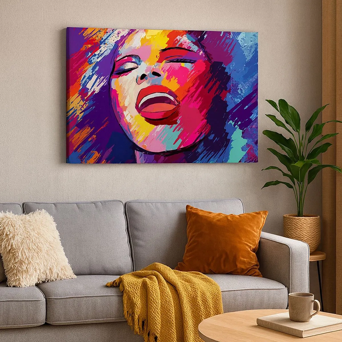 Schilderen op canvas - Abstract portret van een vrouw in levendige kleuren - 70x50cm - Zing mijn hele leven - Moderne wanddecoratie voor woonkamer en slaapkamer ARTTOR