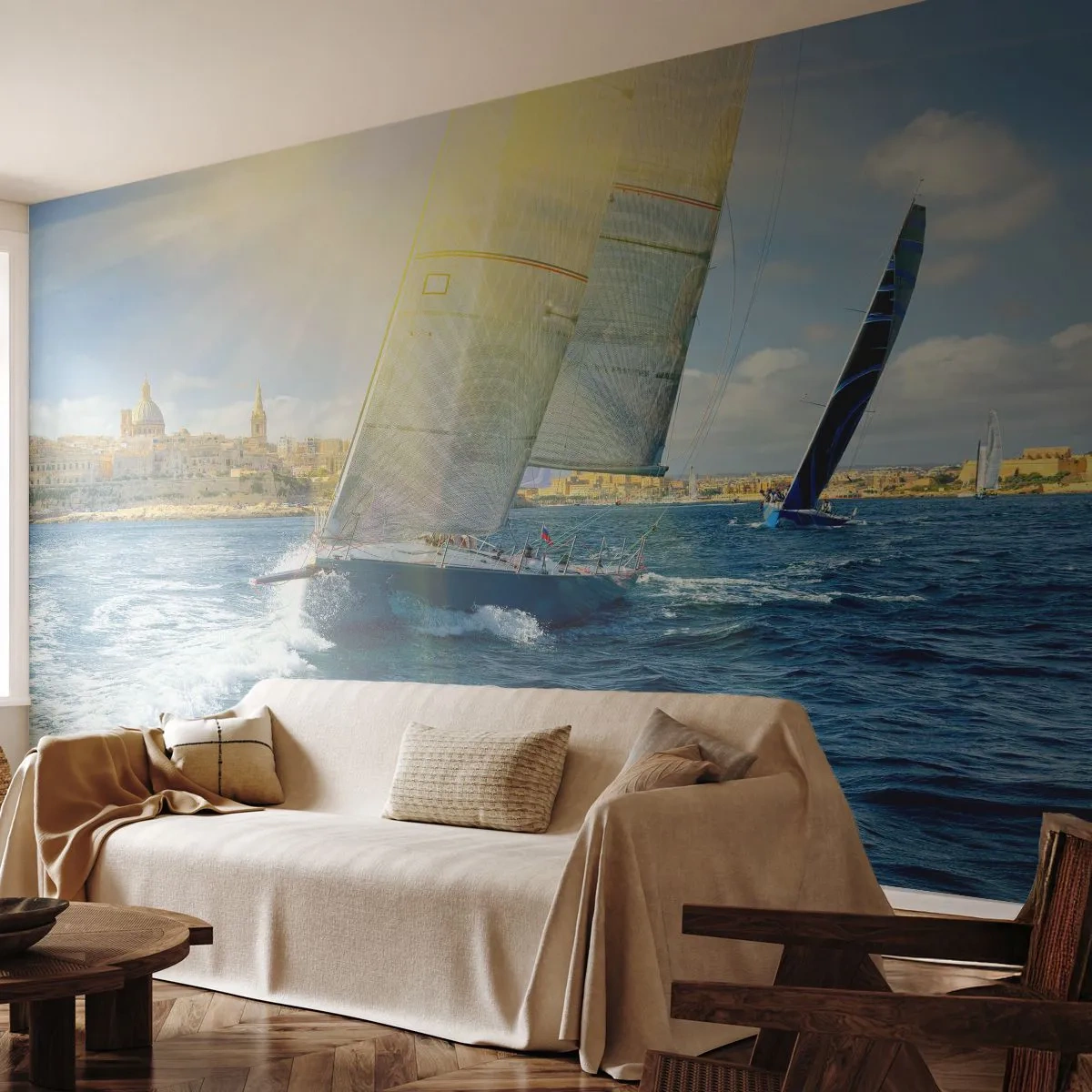 Fotobehang Premium Sand - Het is tijd om de stad te verlaten - Stad, Zee, Jacht - 400x280 cm
