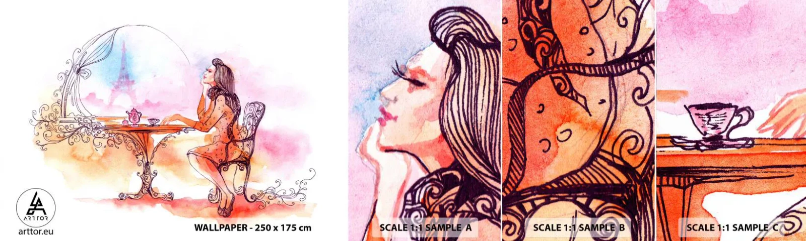 Fotobehang Monster Zelfklevend Deluxe Sticker - Parijse chic - Parijs, Vrouw, Eiffeltoren - 100x30 cm