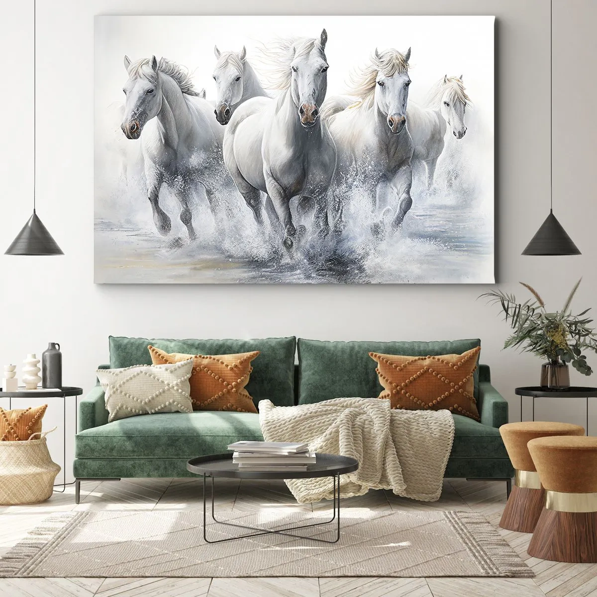 Schilderen op canvas - Witte paarden galopperen door het water - 70x50cm - Witte magie - Moderne wanddecoratie voor woonkamer en slaapkamer ARTTOR