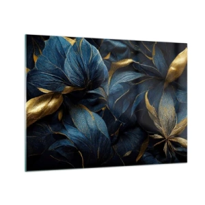 Schilderen op glas - Donkerblauwe bladeren met subtiele gouden accenten - 70x50cm - Met goud gevoerd - Moderne wanddecoratie voor woonkamer en slaapkamer ARTTOR