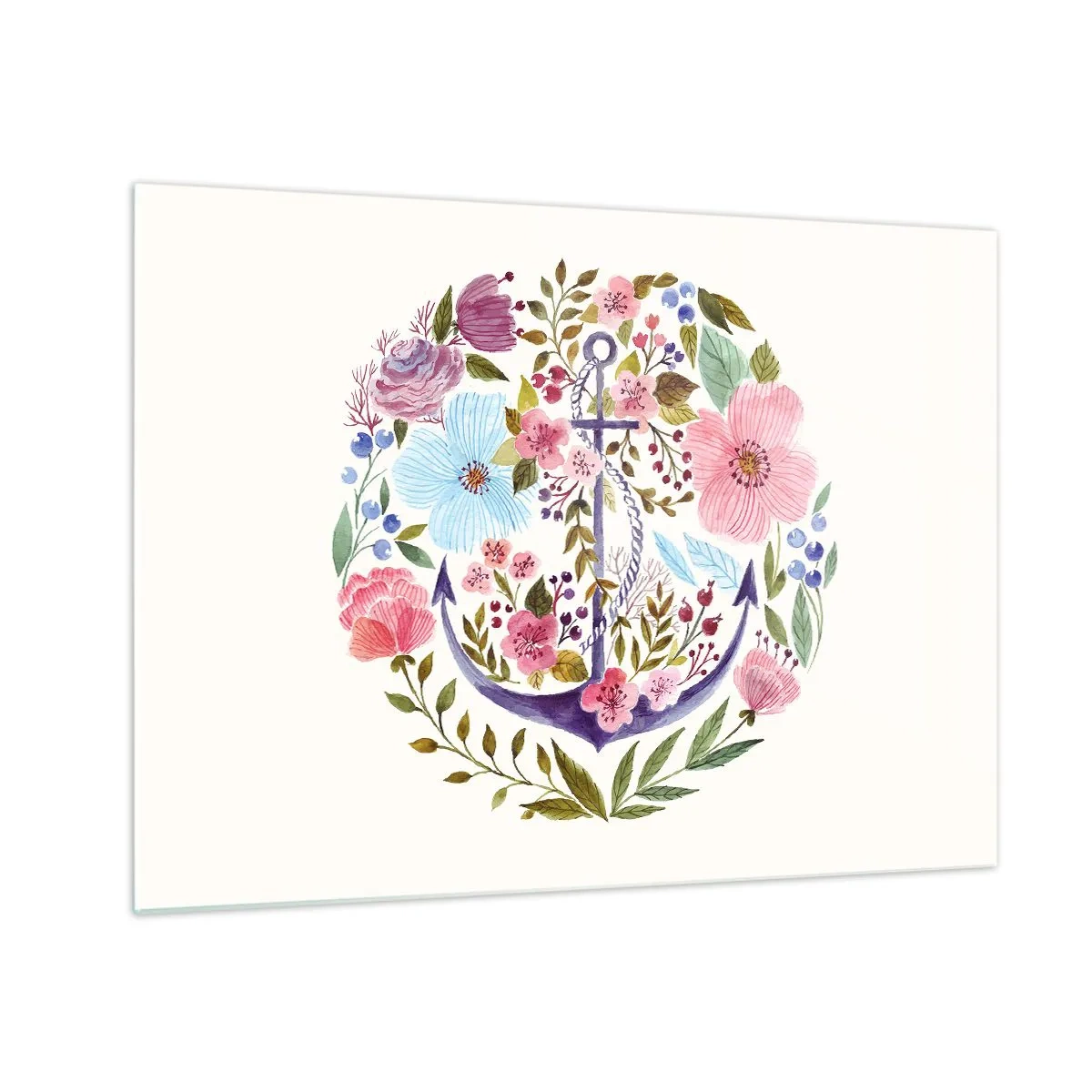 Schilderen op glas - Een anker omringd door kleurrijke aquarelbloemen - 70x50cm - Goede droom van zeeman - Moderne wanddecoratie voor woonkamer en slaapkamer ARTTOR