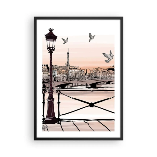 Poster in een zwarte lijst - Illustratie van Parijs bij zonsondergang met een lantaarn en een brug - 50x70cm - Over de daken van Parijs - Moderne wanddecoratie voor woonkamer en slaapkamer ARTTOR