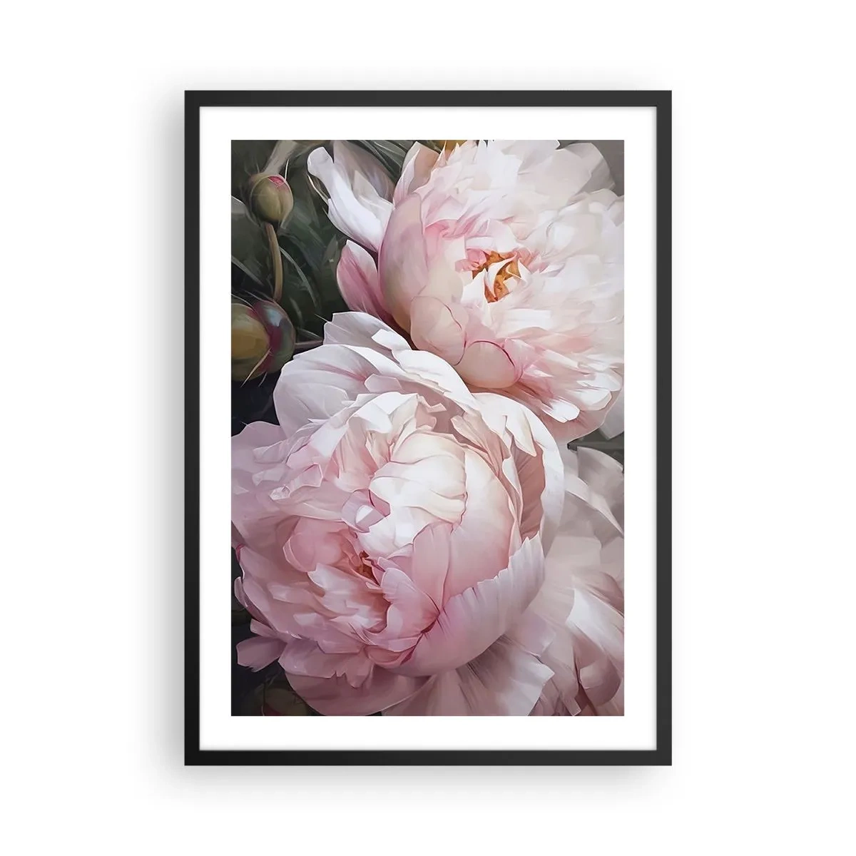 Poster in een zwarte lijst - Delicate pioenrozen in pasteltinten roze en wit - 50x70cm - In bloei gestopt - Moderne wanddecoratie voor woonkamer en slaapkamer ARTTOR