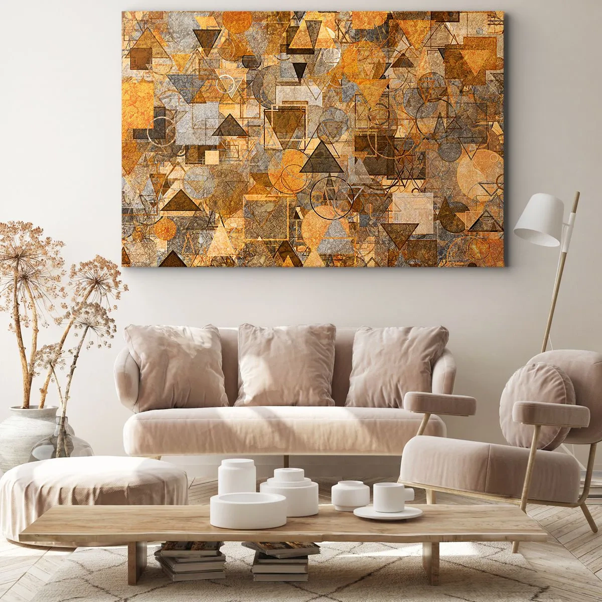 Schilderen op canvas - Abstracte geometrische patronen in goudtinten - 70x50cm - De wereld in vorm - Moderne wanddecoratie voor woonkamer en slaapkamer ARTTOR