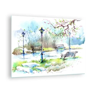 Schilderen op glas - Aquarelschilderij van een parklandschap met banken en lantaarns - 70x50cm - De charme van de stilte van het park - Moderne wanddecoratie voor woonkamer en slaapkamer ARTTOR