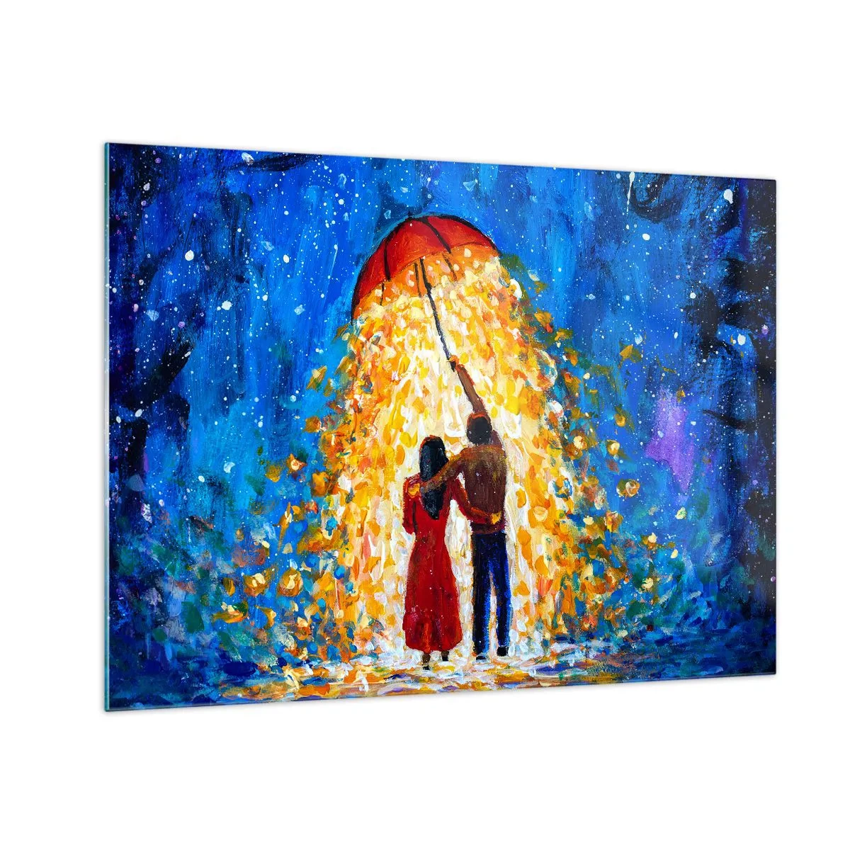 Schilderen op glas - Een stel onder een paraplu, omringd door gouden licht tegen de nachtelijke hemel - 70x50cm - De magie van een regenachtige avond? - Moderne wanddecoratie voor woonkamer en slaapkamer ARTTOR