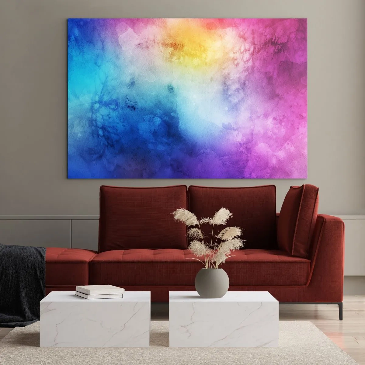 Schilderen op glas - Abstracte compositie in regenboogkleuren met een aquareleffect - 70x50cm - Bijna in de wolken - Moderne wanddecoratie voor woonkamer en slaapkamer ARTTOR