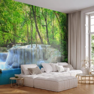 Fotobehang Premium Sand - Verdrinken in turkoois en groen - Landschap, Waterval, Cascade - 350x256 cm