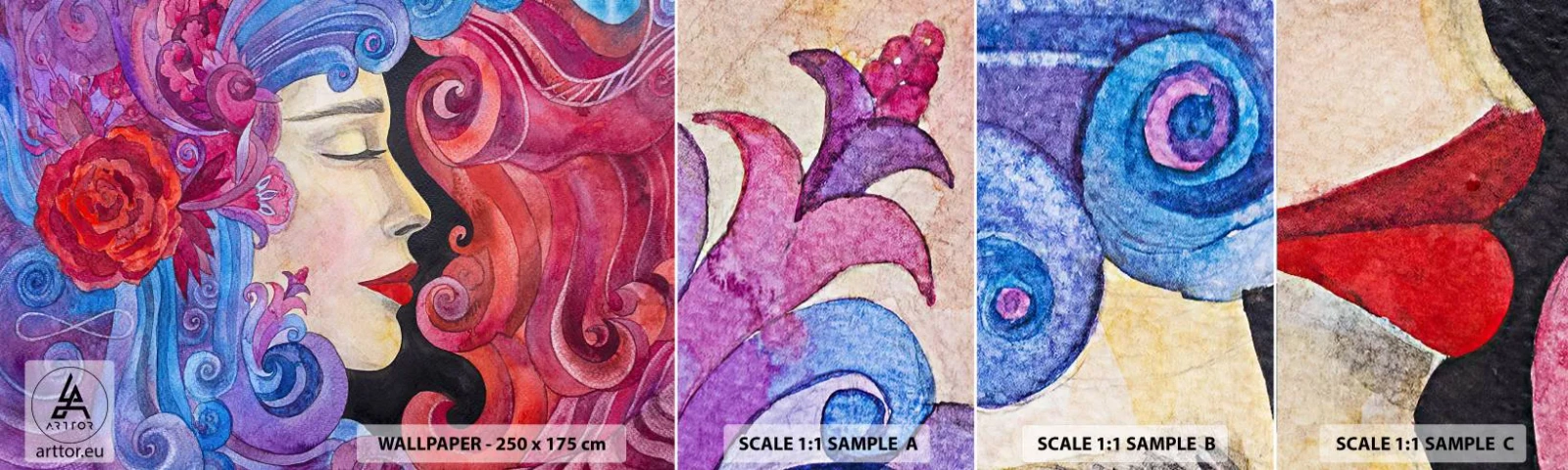 Fotobehang Monster Zelfklevend Deluxe Sticker - De Art Nouveau leeft nog - Vrouw, Bloemen, Godin - 100x30 cm