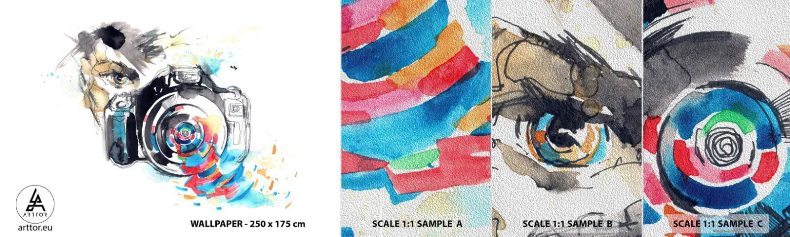 Fotobehang Monster Premium Sand - In het oog van de lens - Abstractie, Camera, Fotograaf - 100x30 cm