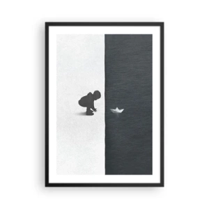 Poster in een zwarte lijst - Een kind dat met een papieren bootje over het water leunt - 50x70cm - Geweldige expeditie - Moderne wanddecoratie voor woonkamer en slaapkamer ARTTOR