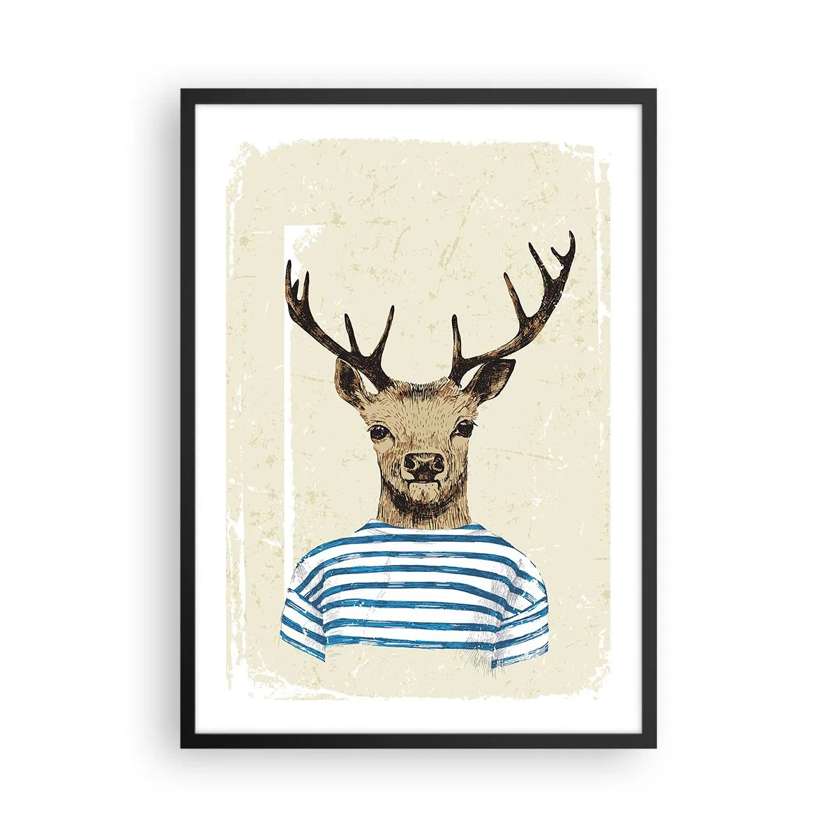 Poster in een zwarte lijst - Afbeelding van een hert in zeemanskleding - 50x70cm - Omdat ik van gestreepte t-shirts hou! - Moderne wanddecoratie voor woonkamer en slaapkamer ARTTOR