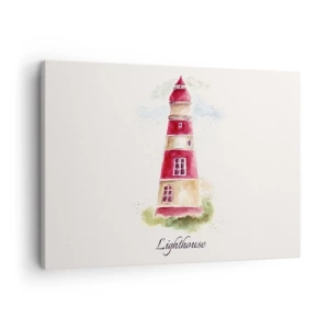 Schilderen op canvas - Een aquarel van een vuurtoren op een lichte achtergrond met een inscriptie - 70x50cm - Er is altijd goed weer in de buurt - Moderne wanddecoratie voor woonkamer en slaapkamer ARTTOR