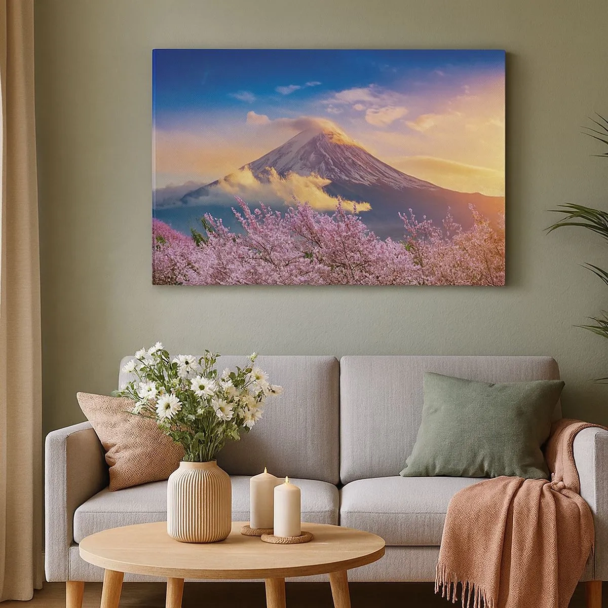 Schilderen op canvas - De berg Fuji met kersenbloesems op de achtergrond bij zonsondergang - 70x50cm - Japanse heiligheid - Moderne wanddecoratie voor woonkamer en slaapkamer ARTTOR