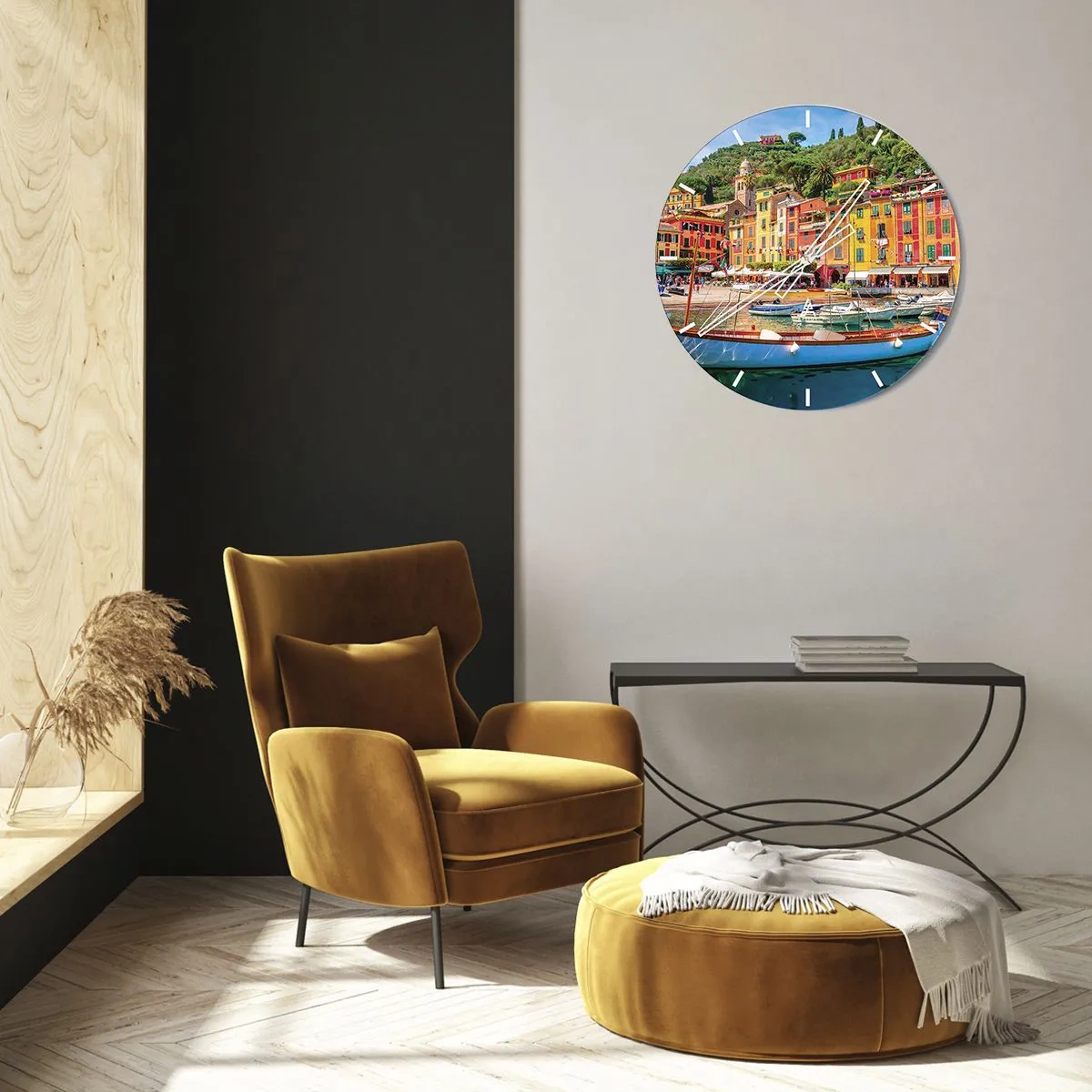 Wandklok - Klok - Kleurrijke huizen aan de haven met boten op een zonnige dag - 30x30cm - Italiaanse ochtend - Moderne wanddecoratie voor woonkamer, keuken en slaapkamer ARTTOR