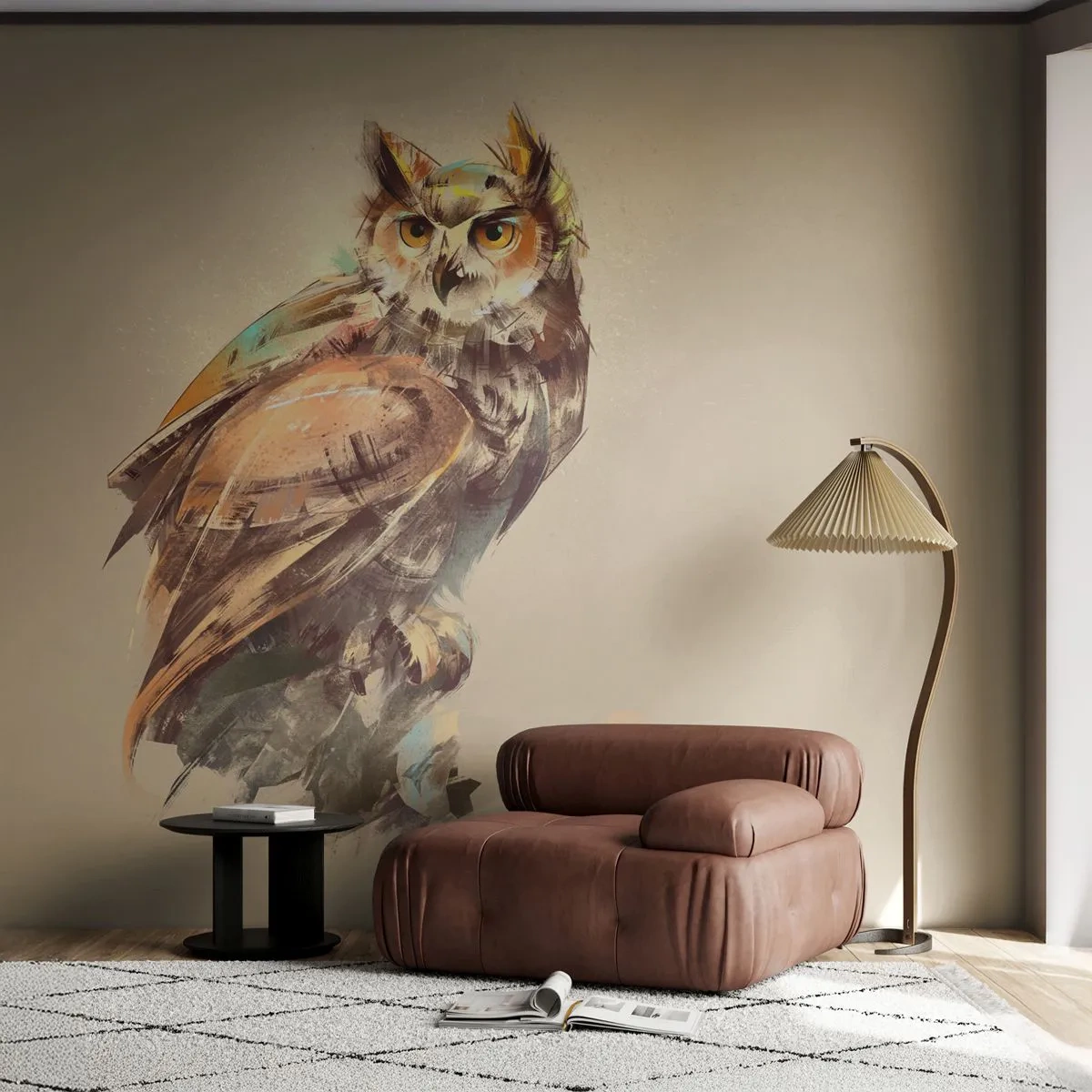 Zelfklevend Fotobehang Deluxe Sticker - De slimste uil - zal het eikenbos bevestigen - Uil, Vogel, Abstractie - 250x175 cm