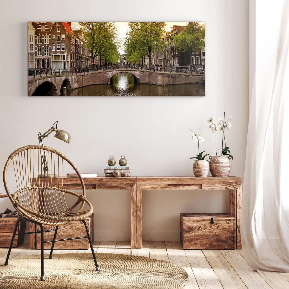 Schilderen op canvas - Met de boot of met de fiets? - 90x30 cm
