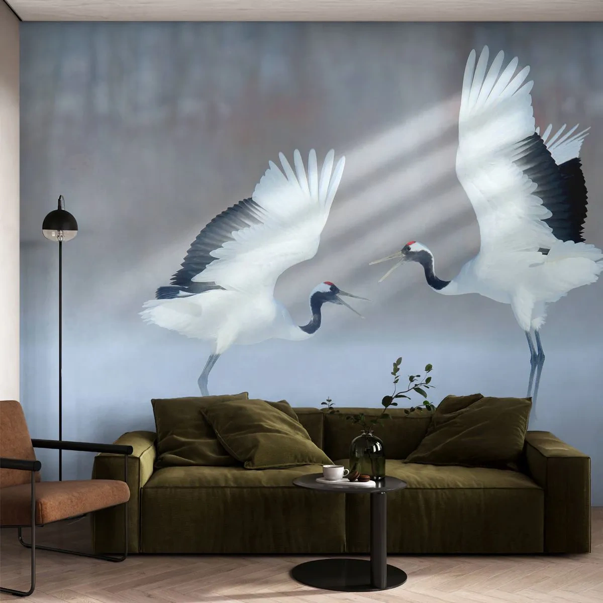 Zelfklevend Fotobehang Deluxe Sticker - Dans in de mist - Winter, Vogel, Natuur - 250x175 cm