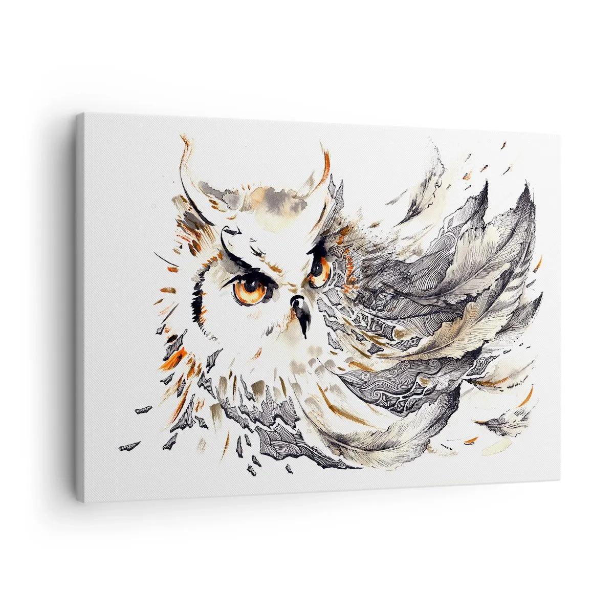 Schilderen op canvas - Een uil met mystieke veren in een artistieke aquarelvorm - 70x50cm - Ze kwam uit de wereld van magie - Moderne wanddecoratie voor woonkamer en slaapkamer ARTTOR