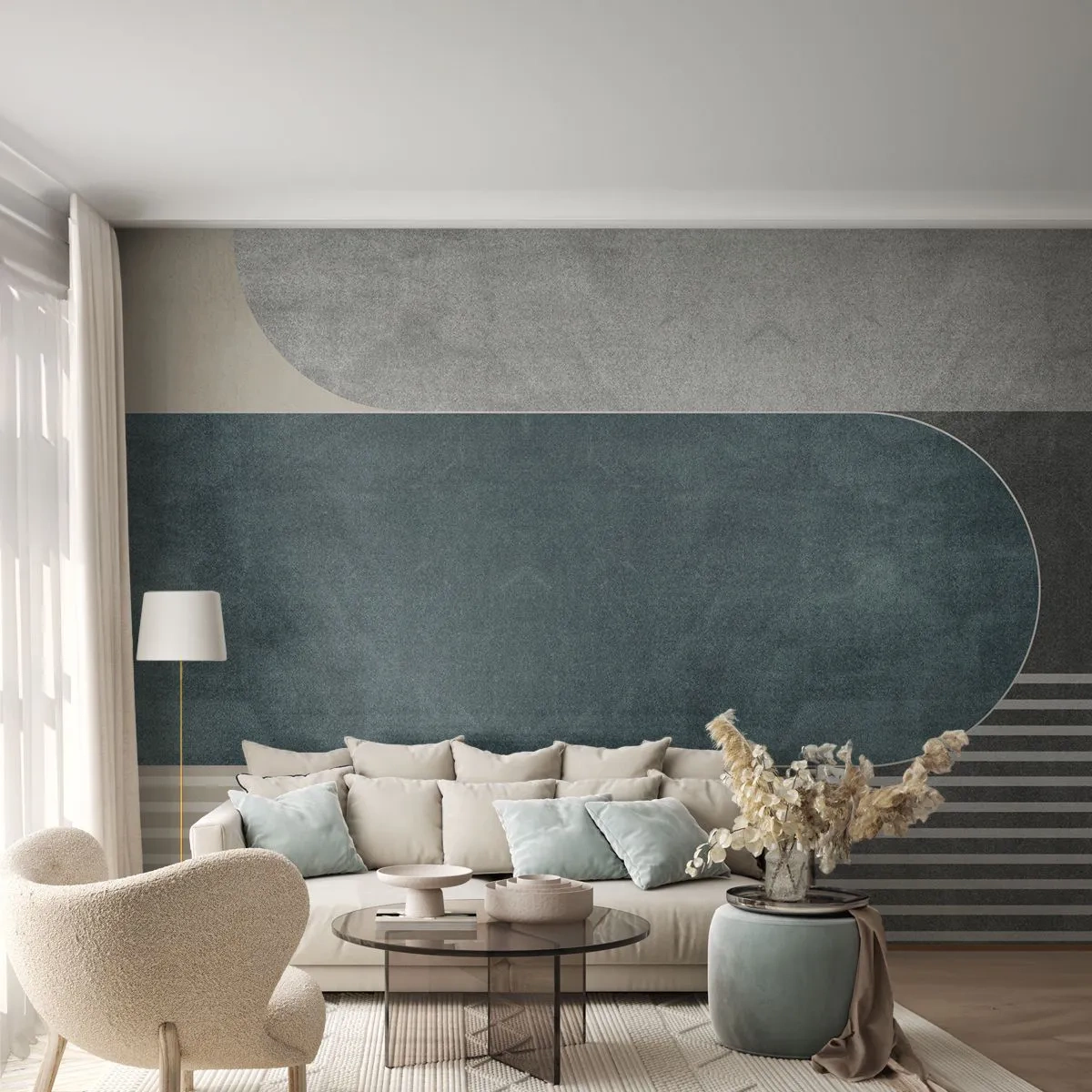 Fotobehang Standard Eco - Geometrische compositie in tinten grijs en groen - 100x70cm - Compositie op niveau - Moderne wanddecoratie voor woonkamer en slaapkamer ARTTOR