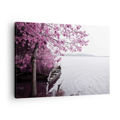 Schilderen op canvas - Een boot aan de oever van een meer tussen roze bomen - 70x50cm - In roze stilte - Moderne wanddecoratie voor woonkamer en slaapkamer ARTTOR