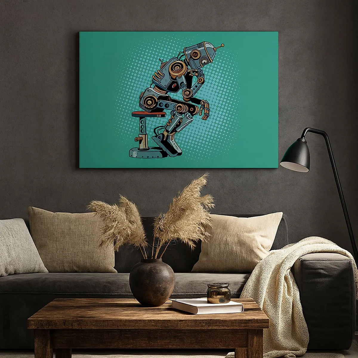 Schilderen op canvas - Denkrobot in pop-artstijl op een groene achtergrond - 70x50cm - Boven de essentie van het zijn - Moderne wanddecoratie voor woonkamer en slaapkamer ARTTOR