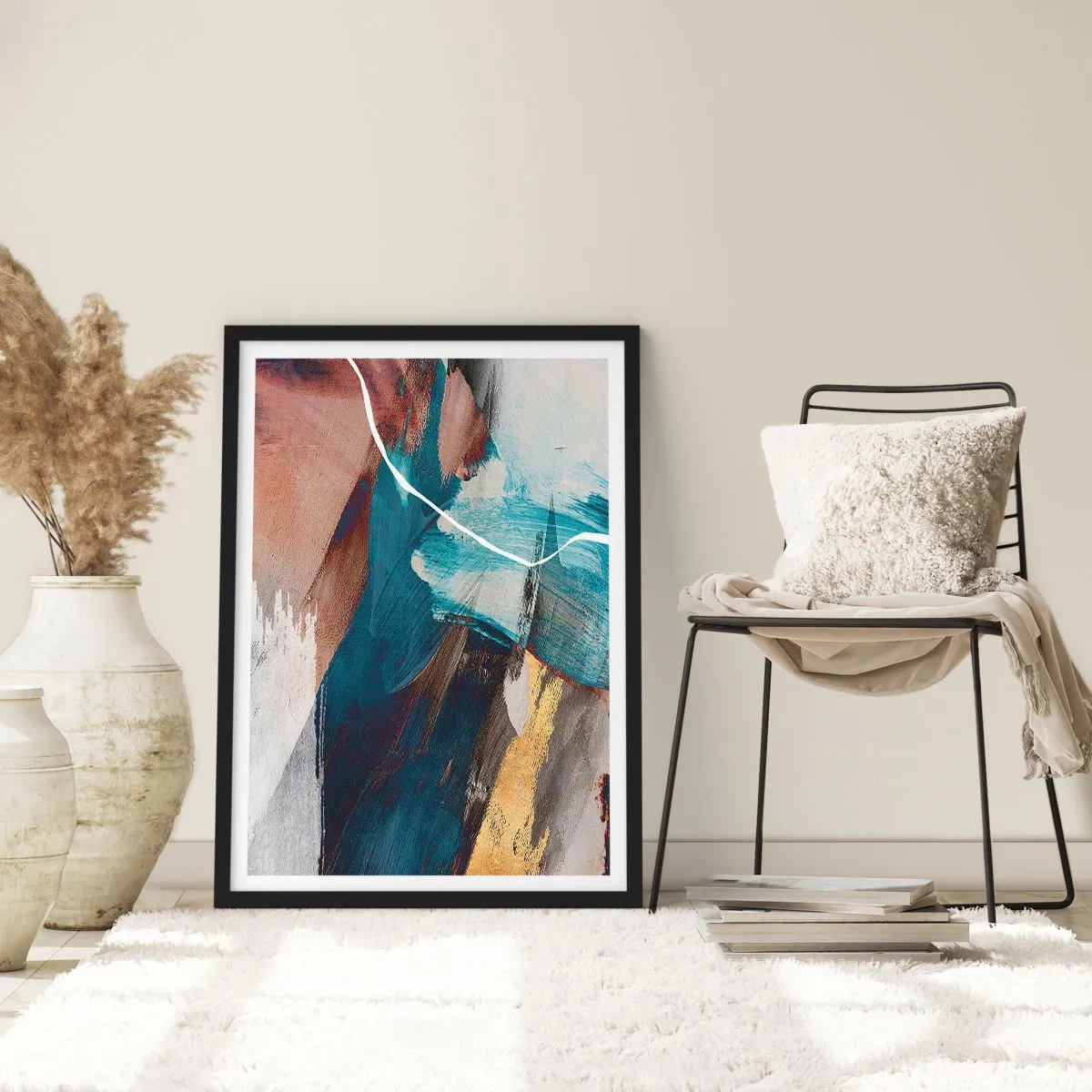 Poster in een zwarte lijst - Expressieve abstractie in tinten blauw en goud - 50x70cm - Met panache en energie - Moderne wanddecoratie voor woonkamer en slaapkamer ARTTOR