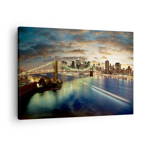 Schilderen op canvas - Een verlichte brug met de stad op de achtergrond, met lichten die weerspiegeld worden in het water. - 70x50cm - Een heldere avond boven Manchatan - Moderne wanddecoratie voor woonkamer en slaapkamer ARTTOR