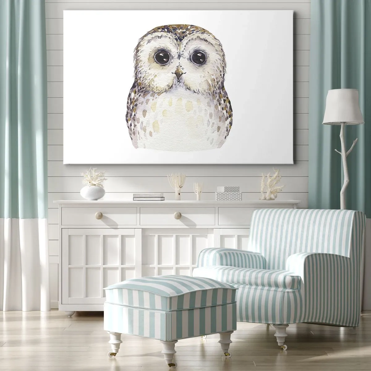 Schilderen op canvas - Portret van een uil op een lichte achtergrond met delicate kleuren - 70x50cm - Kijk in mijn ogen - Moderne wanddecoratie voor woonkamer en slaapkamer ARTTOR