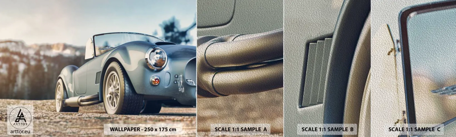 Fotobehang Monster Premium Sand - Omdat stijl ertoe doet - Auto, Cabriolet, Reis - 100x30 cm