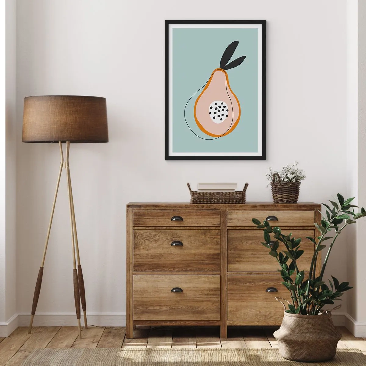 Poster in een zwarte lijst - Abstracte illustratie van een peer op een muntachtergrond - 50x70cm - Doordringen in de aard van de dingen - Moderne wanddecoratie voor woonkamer en slaapkamer ARTTOR