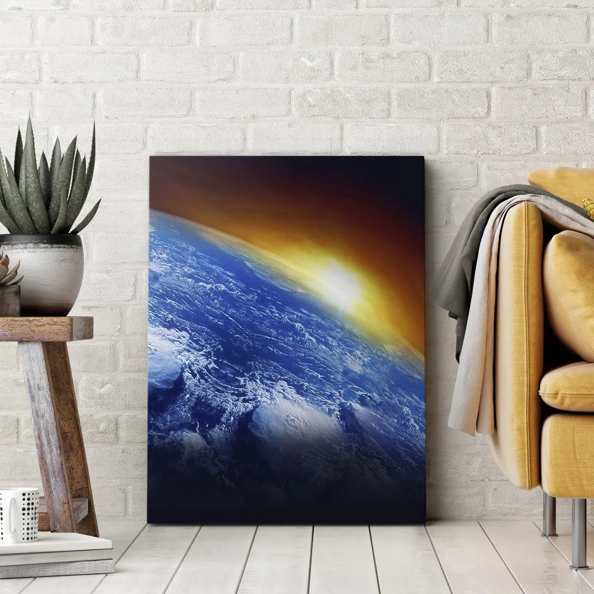 Schilderen op canvas - Zonsopgang boven de blauwe planeet - 80x120 cm