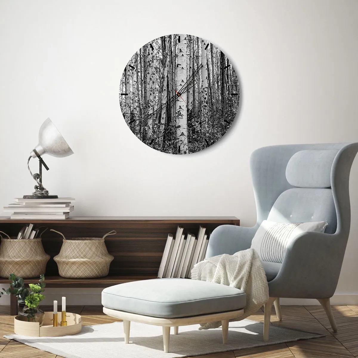 Wandklok - Klok - Zwart-wit berkenbos in minimalistische stijl - 30x30cm - Berken colonnade - Moderne wanddecoratie voor woonkamer, keuken en slaapkamer ARTTOR