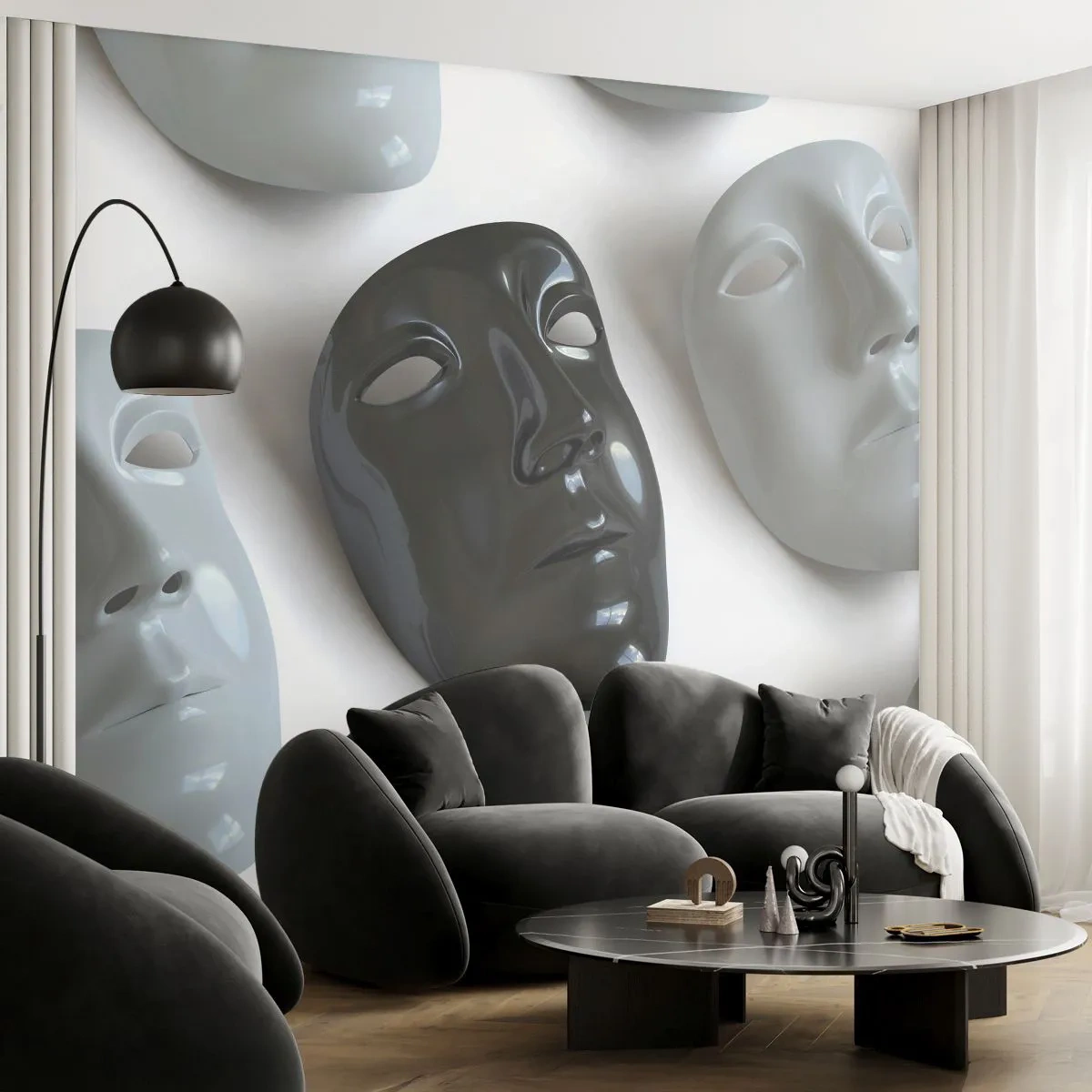 Zelfklevend Fotobehang Deluxe Sticker - Hoe opvallen? - Deel, Venetiaans masker, Zwart en wit - 250x175 cm