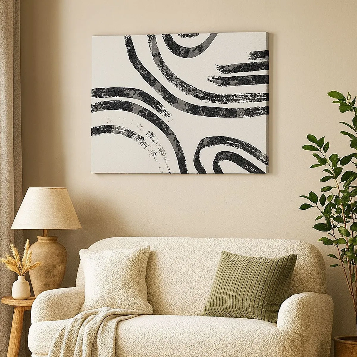 Schilderen op canvas - Zwart-witte abstracte lijnen op een lichte achtergrond - 70x50cm - Half gestopt - Moderne wanddecoratie voor woonkamer en slaapkamer ARTTOR