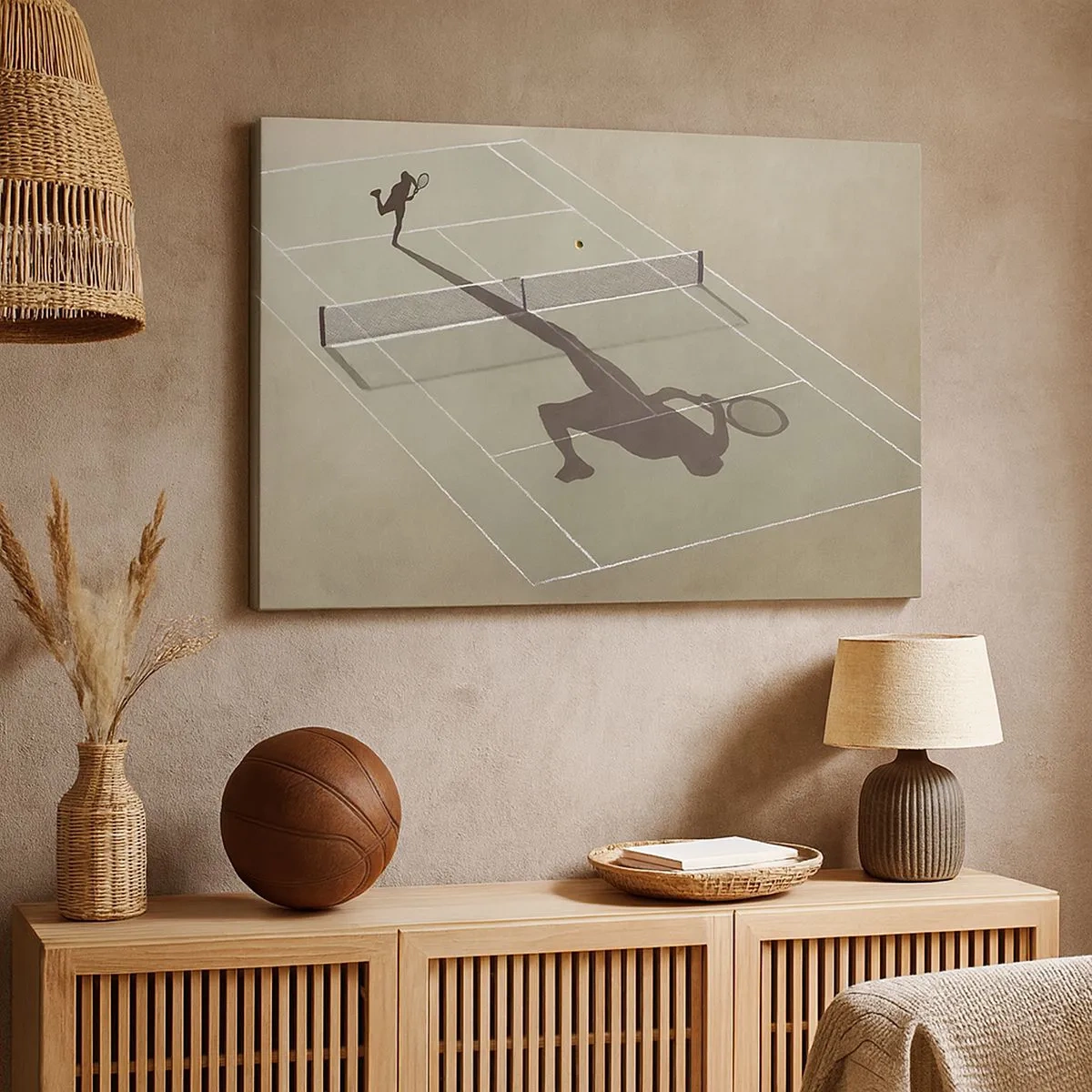 Schilderen op canvas - De schaduw van een tennisser op de baan tijdens een tenniswedstrijd - 70x50cm - Jezelf overwinnen - Moderne wanddecoratie voor woonkamer en slaapkamer ARTTOR