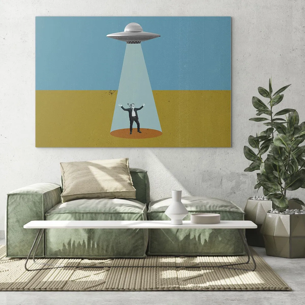 Schilderen op glas - Een man in het licht van een ruimteschotel op een kleurrijke achtergrond - 70x50cm - Een nauwe ontmoeting - Moderne wanddecoratie voor woonkamer en slaapkamer ARTTOR