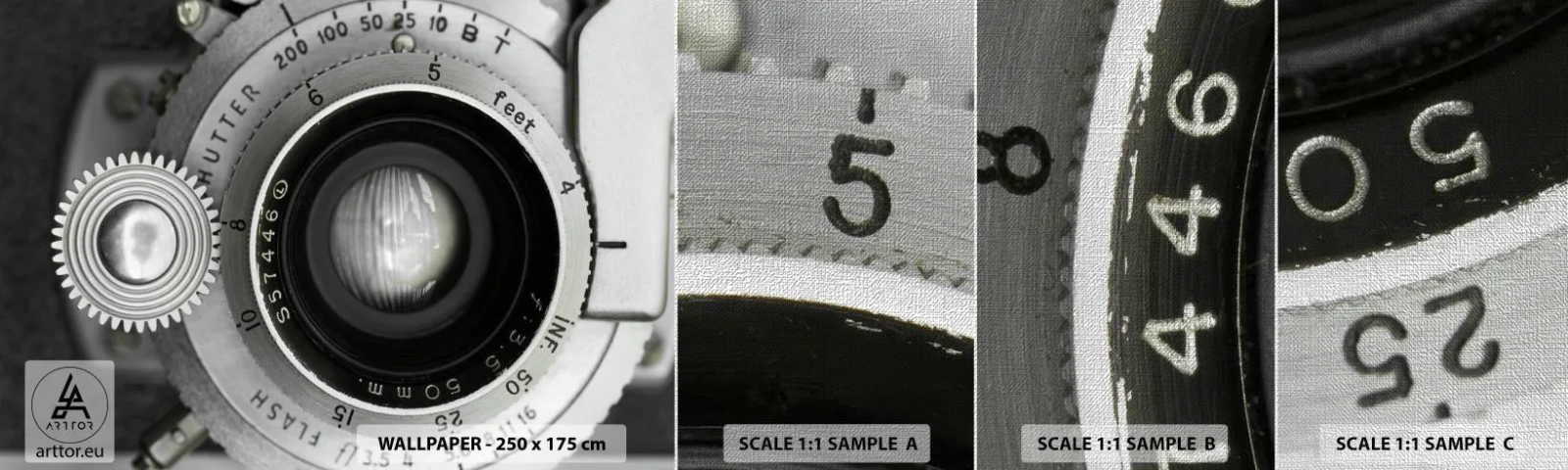 Fotobehang Monster Premium Canvas - Een verhaal over Hollywood - Camera, Zwart en wit, Vintage - 100x30 cm