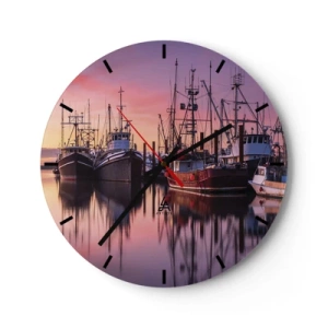 Wandklok - Klok - Vissersboten aangemeerd in de haven bij zonsondergang - 30x30cm - Voor de volgende dag - Moderne wanddecoratie voor woonkamer, keuken en slaapkamer ARTTOR
