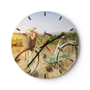 Wandklok - Klok - Een fiets met een mand vol bloemen in een veld op een zonnige dag - 30x30cm - Ik blijf hier nog even - Moderne wanddecoratie voor woonkamer, keuken en slaapkamer ARTTOR