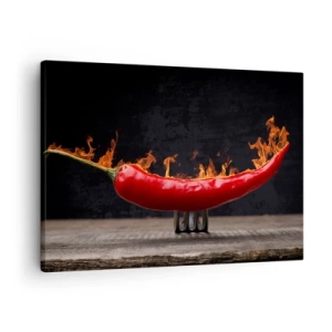 Schilderen op canvas - Vlammende rode peper op een vork - 70x50cm - Een vurig voorgerecht - Moderne wanddecoratie voor woonkamer en slaapkamer ARTTOR