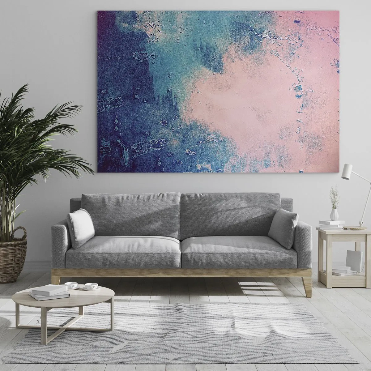 Schilderen op glas - Een abstracte combinatie van blauw en poederroze met textuur - 70x50cm - Hemelse omhelzingen - Moderne wanddecoratie voor woonkamer en slaapkamer ARTTOR