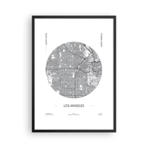 Poster in een zwarte lijst - Een minimalistische kaart van Los Angeles in zwart-wit. - 50x70cm - Anatomie van Los Angeles - Moderne wanddecoratie voor woonkamer en slaapkamer ARTTOR