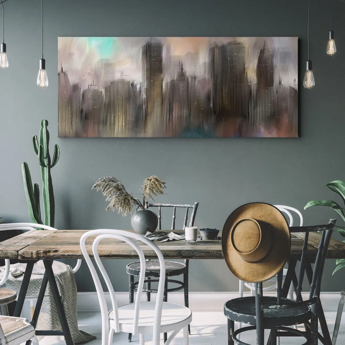 Schilderen op canvas - Een compositie van staal, steen en mist - 100x40 cm